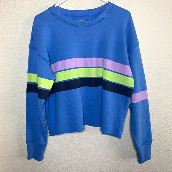Aerie Blue Raw Hem Multi Color Striped S S… - Picture 1 of 5